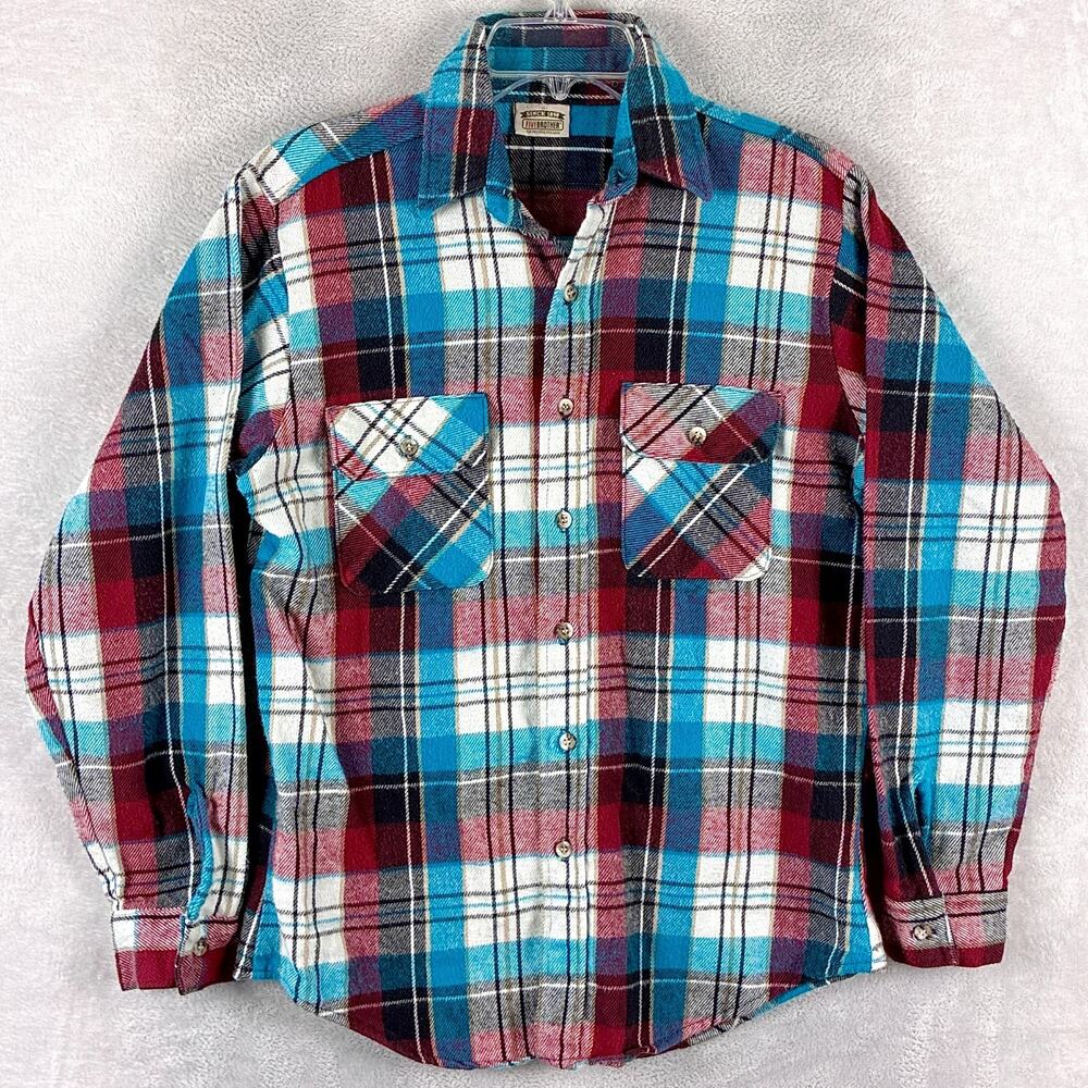 VTG Five Brother Flannel Shirt Mens M Blue Red Plaid Preppy Outdoors Hiking